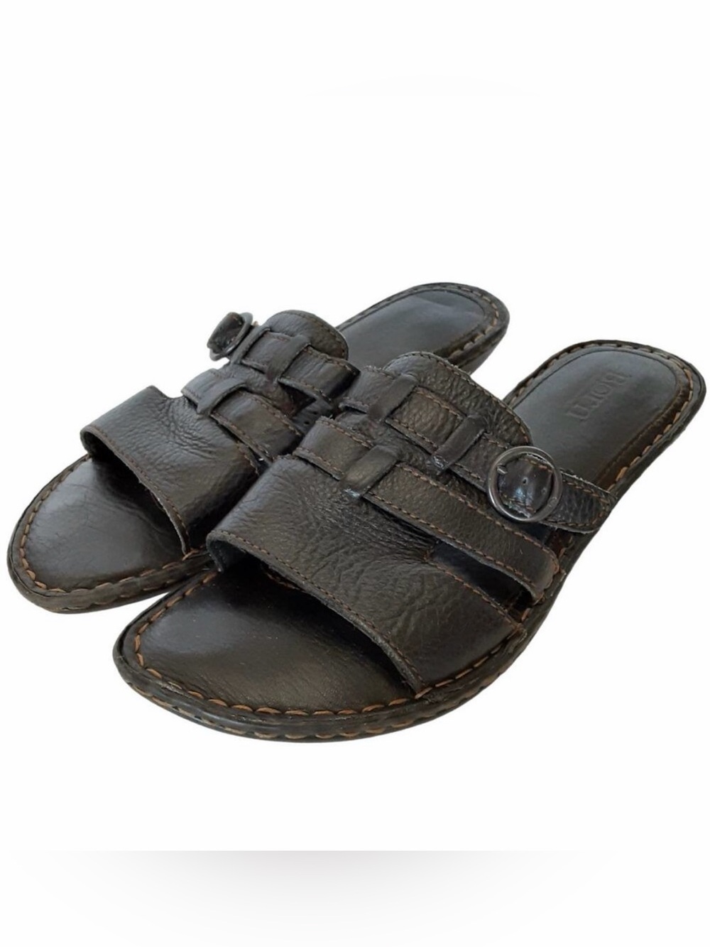 Born Black Pebble Leather Slide Sandals Womens 9 Buckle